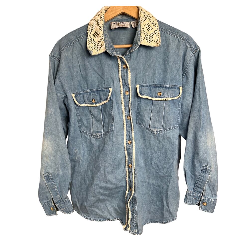 Vintage Just Class Size Medium Crochet Neck Denim Button Up Shirt *Minor Stain